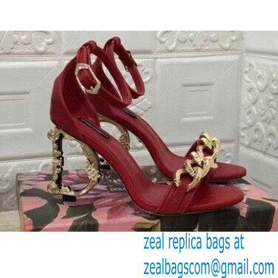 Dolce & Gabbana Heel 10.5cm Leather Chain Sandals Red with Baroque D & G Heel 2021 - Click Image to Close